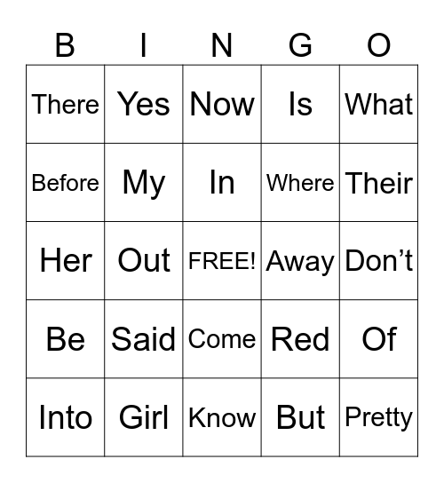 Sight Words Bingo Card