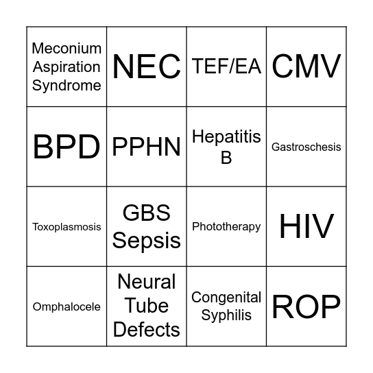 NICU Bingo Card