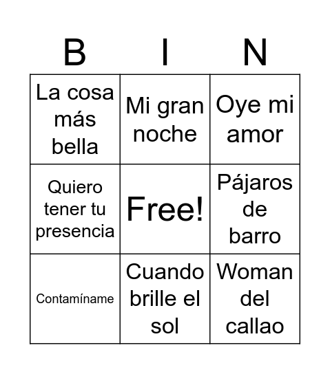 Bingo de los 90 en español Bingo Card