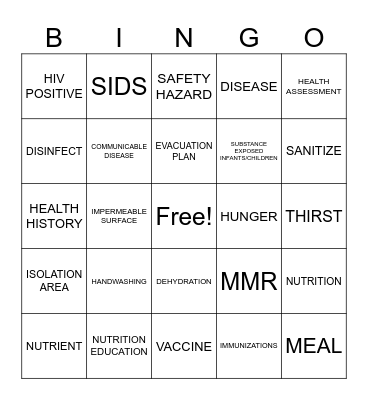 HEALTH SAFETY NUTRITION BINGO Card