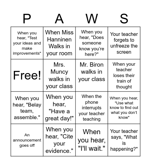 Cougar Cup Middle School Bingo! Bingo Card