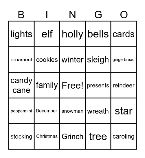 Christmas Words Bingo Card