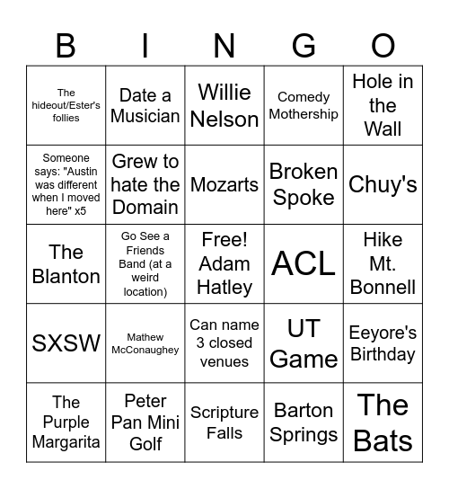 Austin Bingo Card
