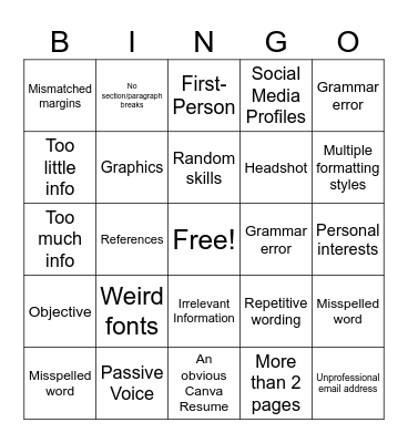 Bad Resume Bingo Card