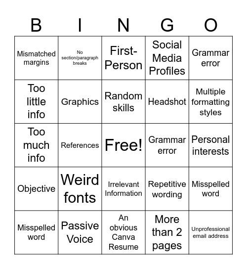 Bad Resume Bingo Card