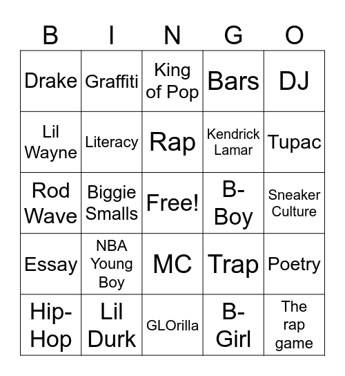 Hip-Hop Bingo Card