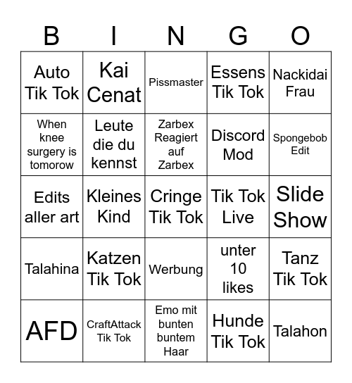 Tik Tok Bingo Card