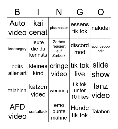 Tik tok Bingo Card