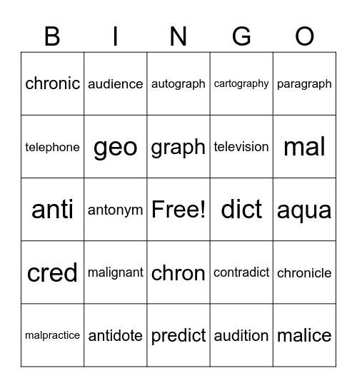 Greek and Latin Root Words/Vocabulary Bingo Card
