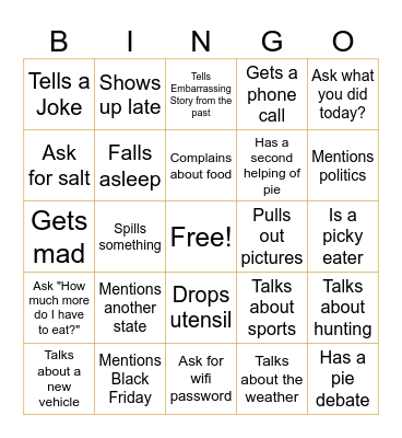 Family Thanksgiving Bingo Card