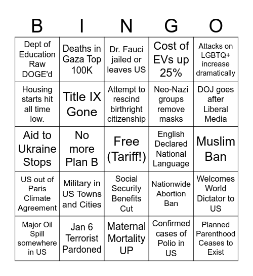 Trumps Fascism Bingo Card