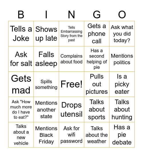 Family Thanksgiving Bingo Card