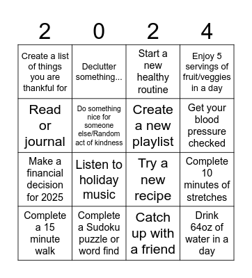 Holiday Wellness Bingo Card