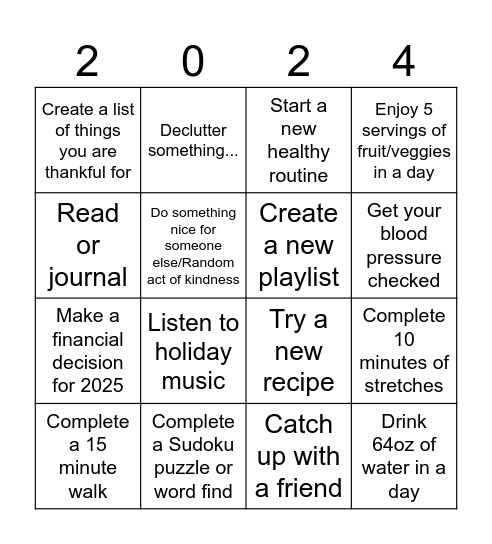 Holiday Wellness Bingo Card