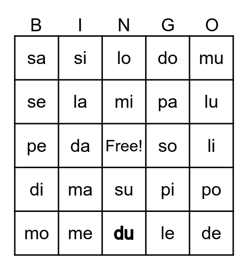 Sílabas con ma, p, s, l y d Bingo Card