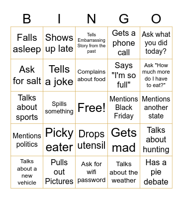 Family Thanksgiving Bingo Card