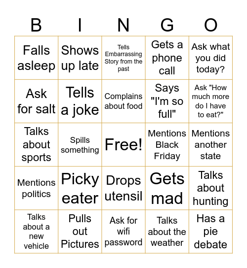 Family Thanksgiving Bingo Card