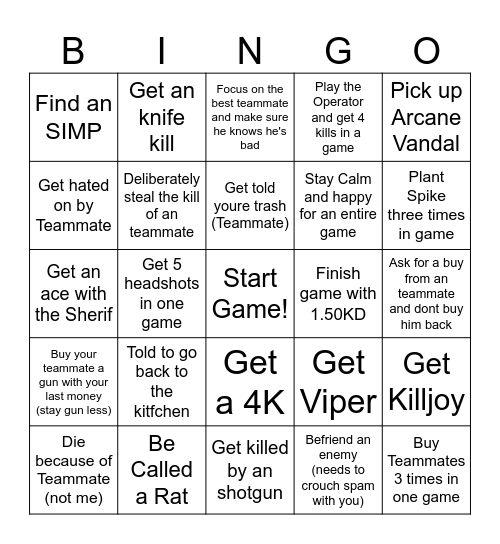 Valorant Bingo Card