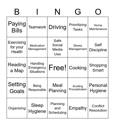 Adult Skills Bingo ! Bingo Card
