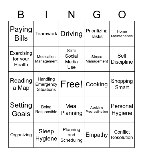 Adult Skills Bingo ! Bingo Card