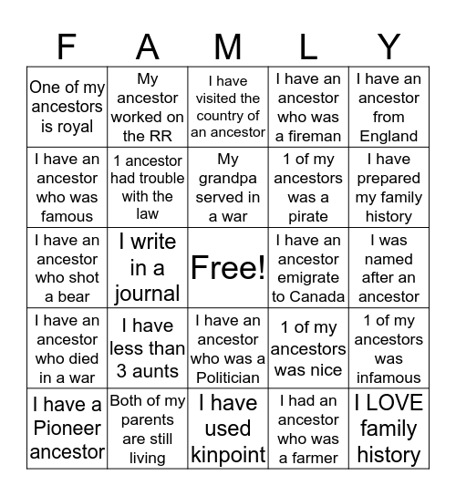 Genealogy Bingo Card