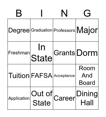 College Bingo Card