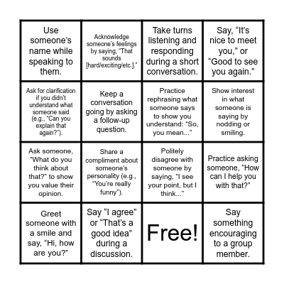 Social Skills Bingo Card