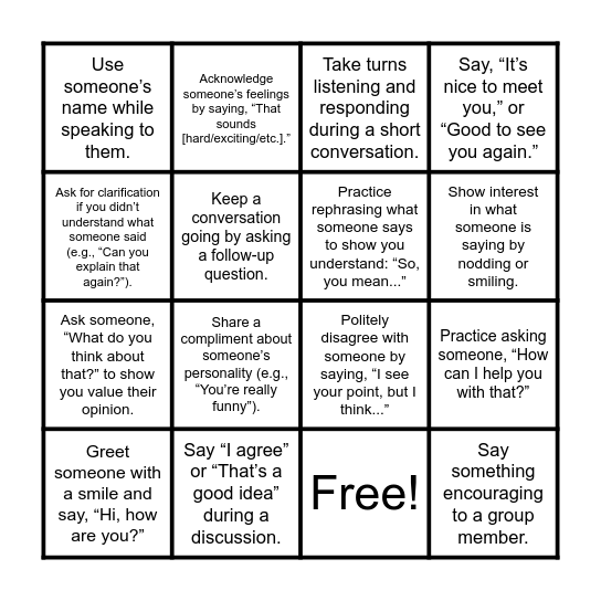 Social Skills Bingo Card