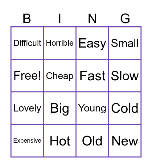 opposite adjectives! Bingo Card