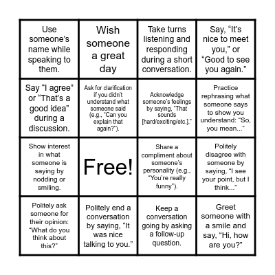 Social Skills Bingo Card