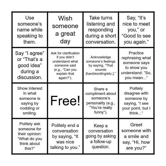 Social Skills Bingo Card