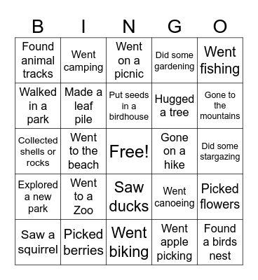 Nature Bingo Card