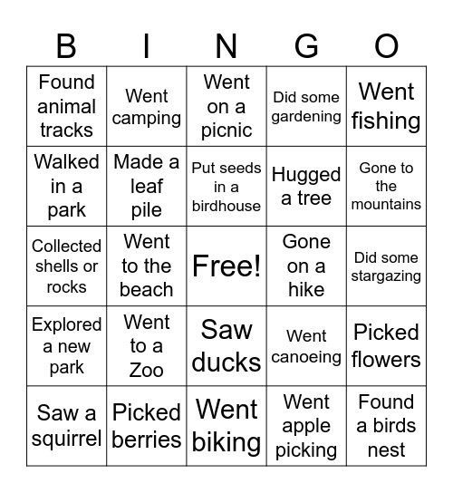 Nature Bingo Card