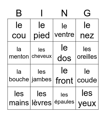 French Body Parts Bingo Card