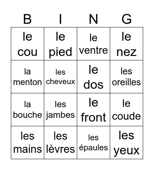 French Body Parts Bingo Card