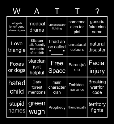 wattpad warriors fanfic Bingo Card
