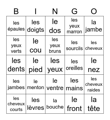 French Body Parts Bingo Card