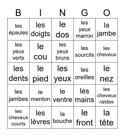 French Body Parts Bingo Card