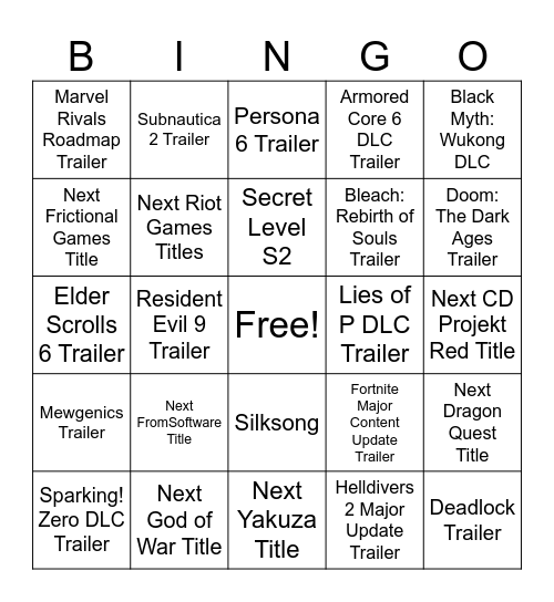 TGA Announcements Bingo Card