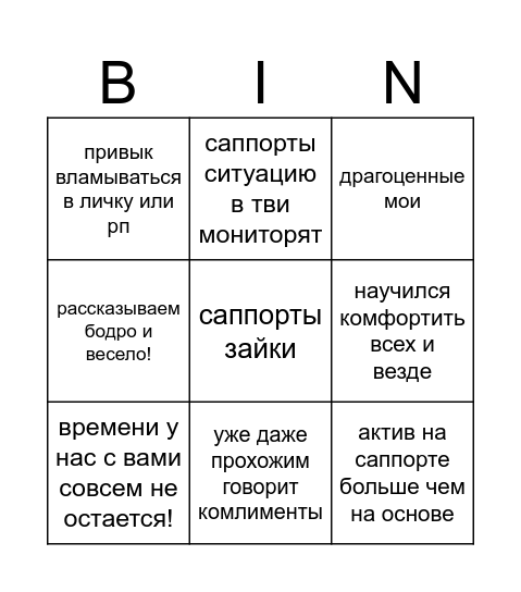 Саппорт Бинго Bingo Card