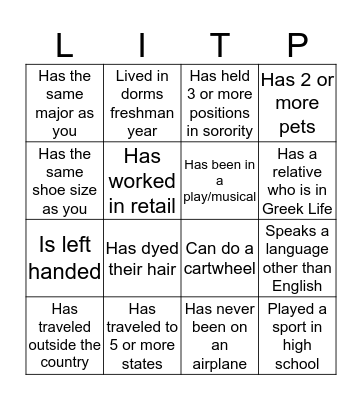 Sisterhood Bingo Card