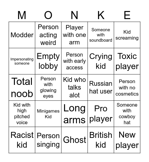 Gorilla tag bingo Card