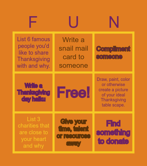 Gratitude Week Bingo Card