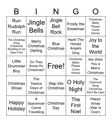 Holiday Song Bingo Card