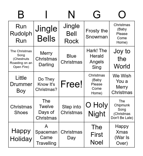 Holiday Song Bingo Card