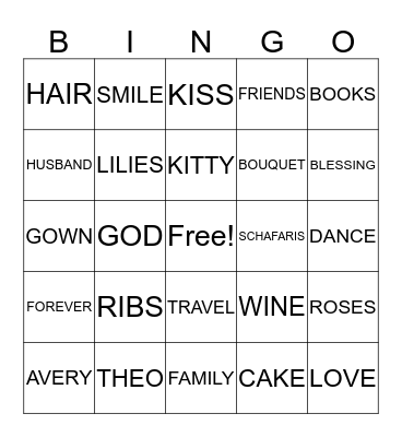 Schafaris's Wedding Shower Bingo Card