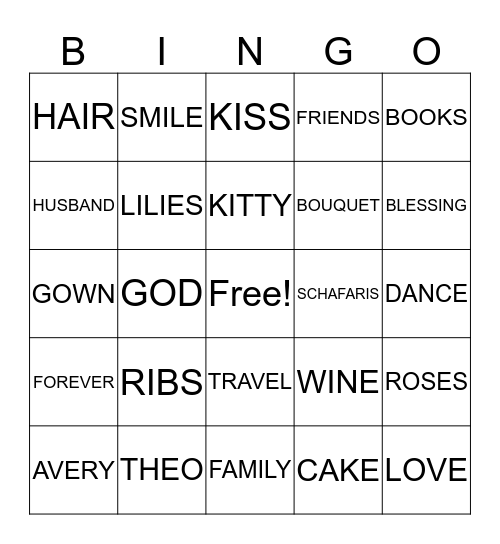 Schafaris's Wedding Shower Bingo Card