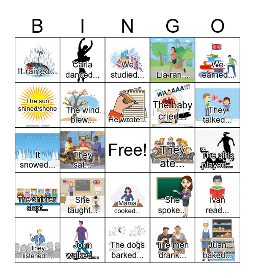 Tenses: Simple past bingo abbrev (words and images) Bingo Card