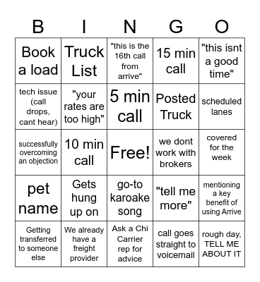 Cold Call Bingo Card