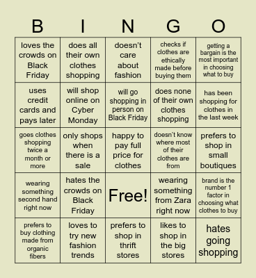 Shopping Bingo Card